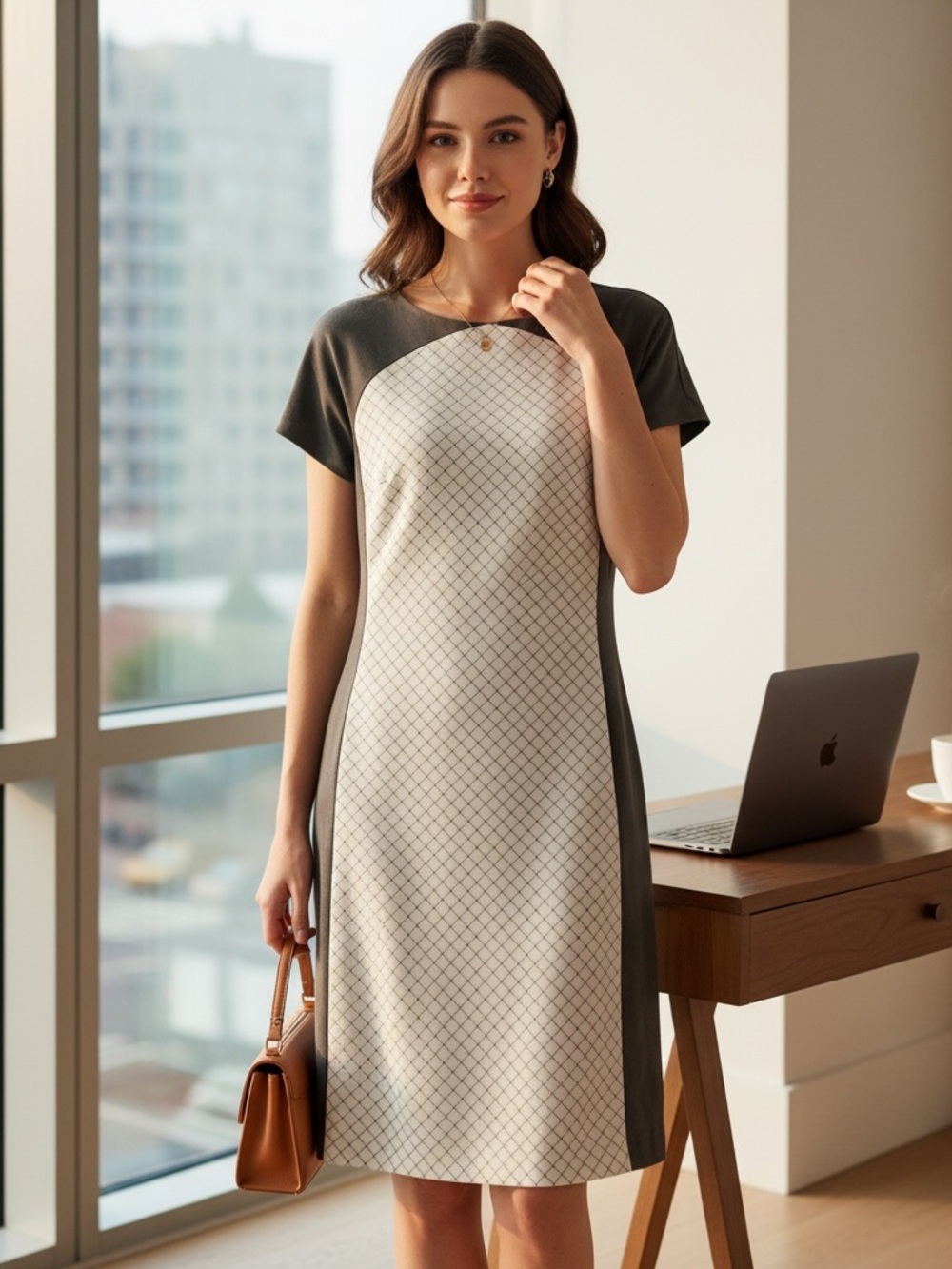 Ivanka Trump Gray & White Geometric Panel Pencil Dress